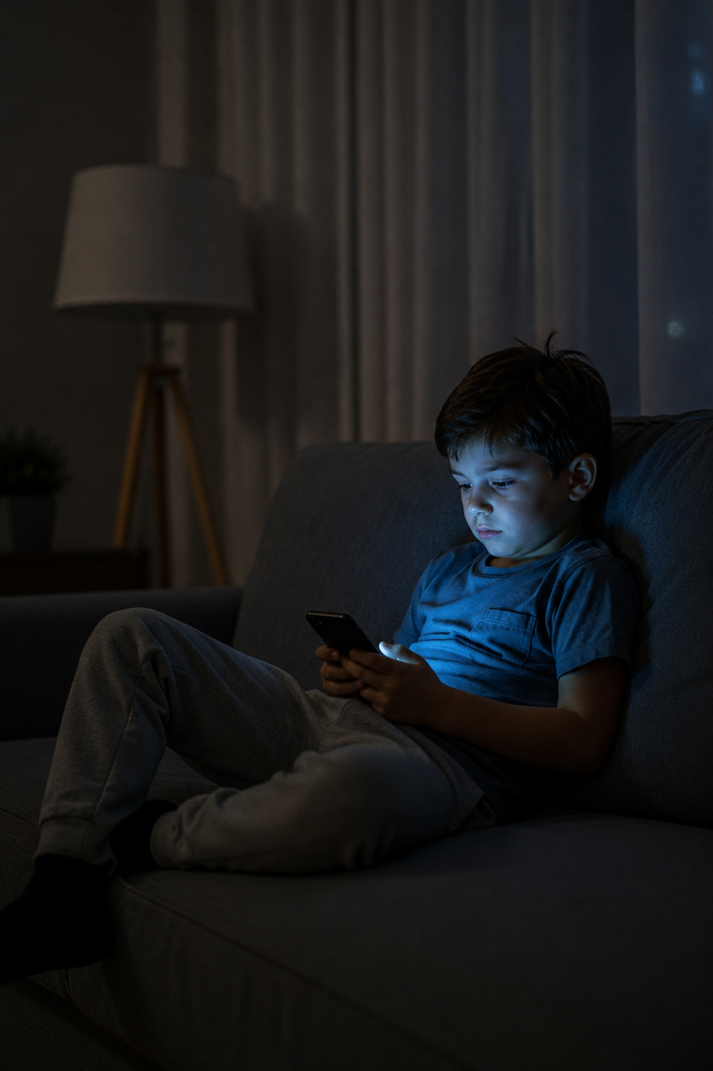 Criança absorvida em um smartphone no sofá à noite