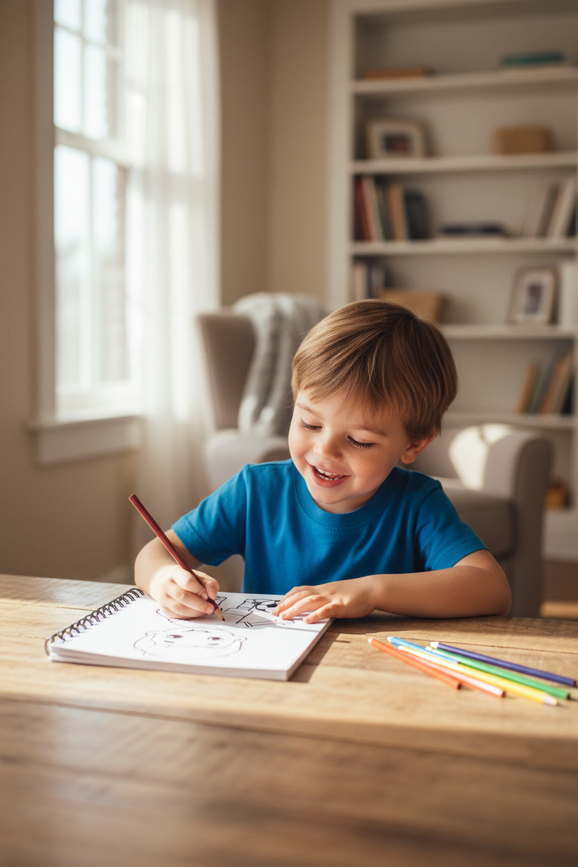 Criança feliz desenhando e colorindo em uma mesa ensolarada